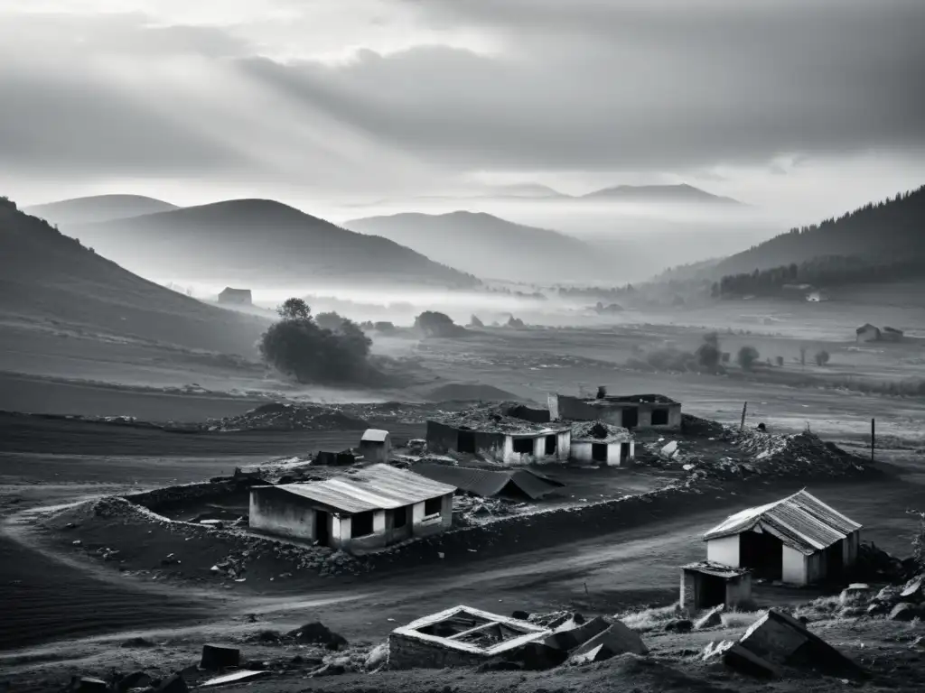 Imagen impactante de un paisaje desolado y sombrío, representando la devastación tras genocidios y violaciones a los derechos humanos