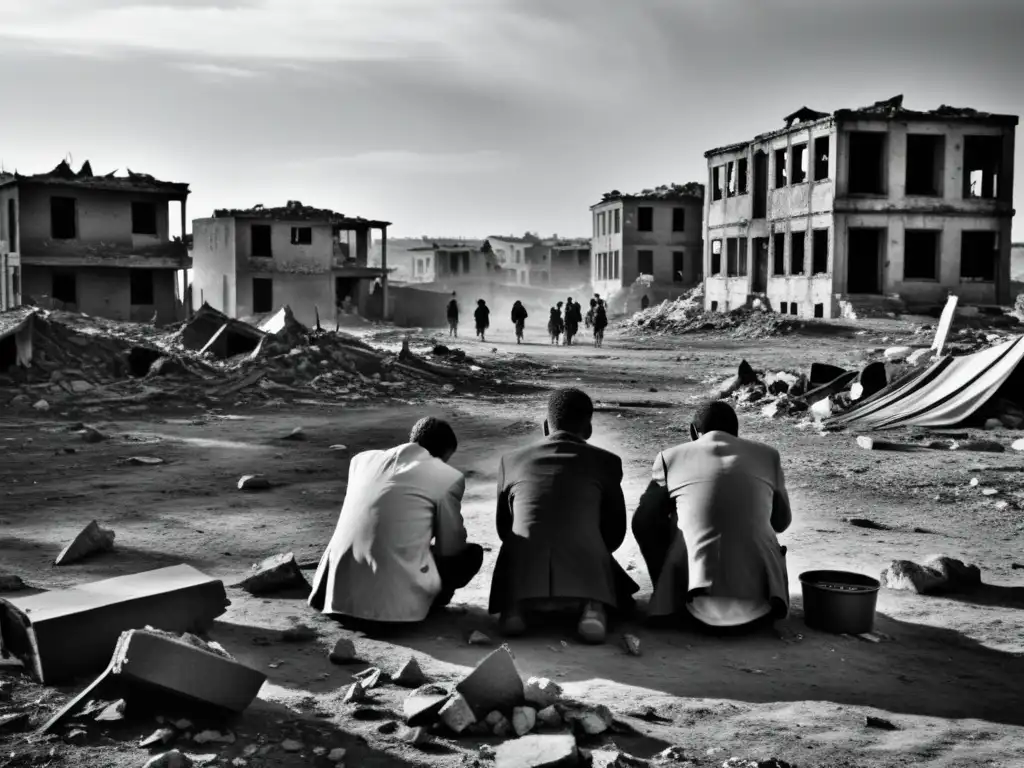 Imagen impactante de un paisaje de guerra, con civiles desplazados mostrando miedo y resiliencia