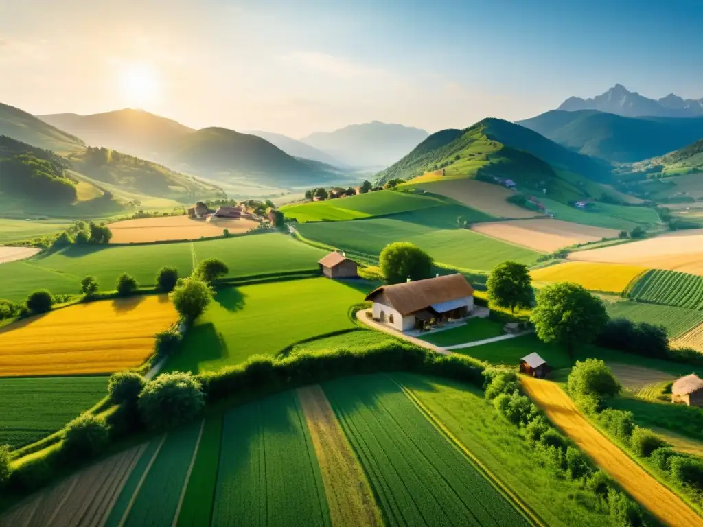 Imagen impactante de paisaje rural con aldea, campos verdes y montañas lejanas, mostrando la coexistencia pacífica entre humanos y naturaleza