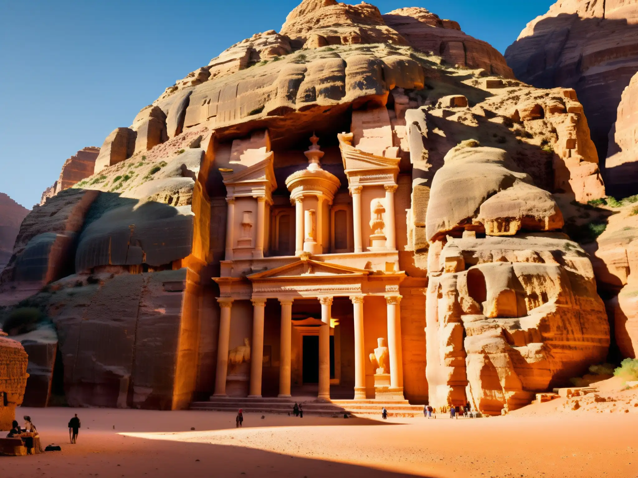 Imagen impactante de Petra al amanecer, destacando el Tesoro y los detalles arquitectónicos