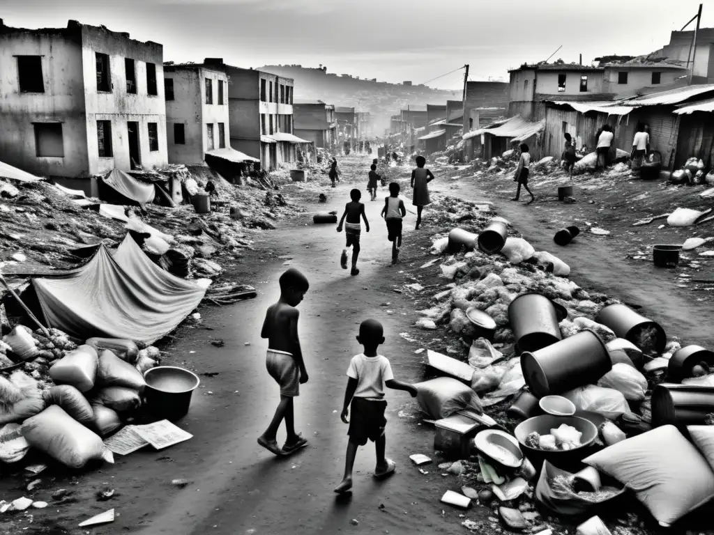 Imagen impactante de la pobreza en democracia: niñas juegan en un barrio pobre y desolado, rodeadas de basura y escombros