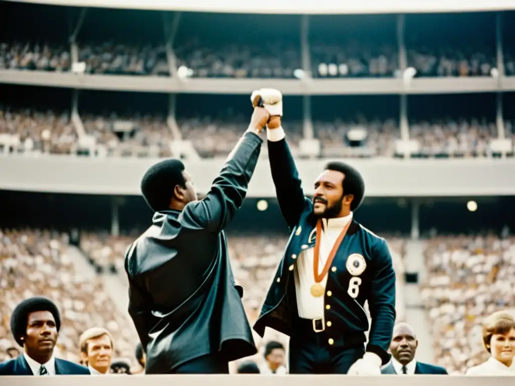 Imagen impactante de Tommie Smith y John Carlos en el podio de los Juegos Olímpicos de 1968, simbolizando boicots deportivos y derechos humanos