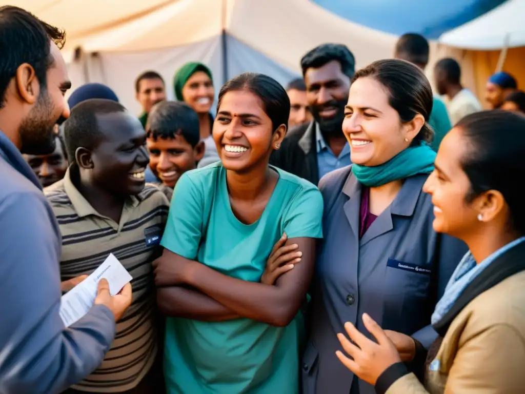 Imagen impactante de refugiados con necesidades especiales recibiendo protección y apoyo médico en un caótico campamento