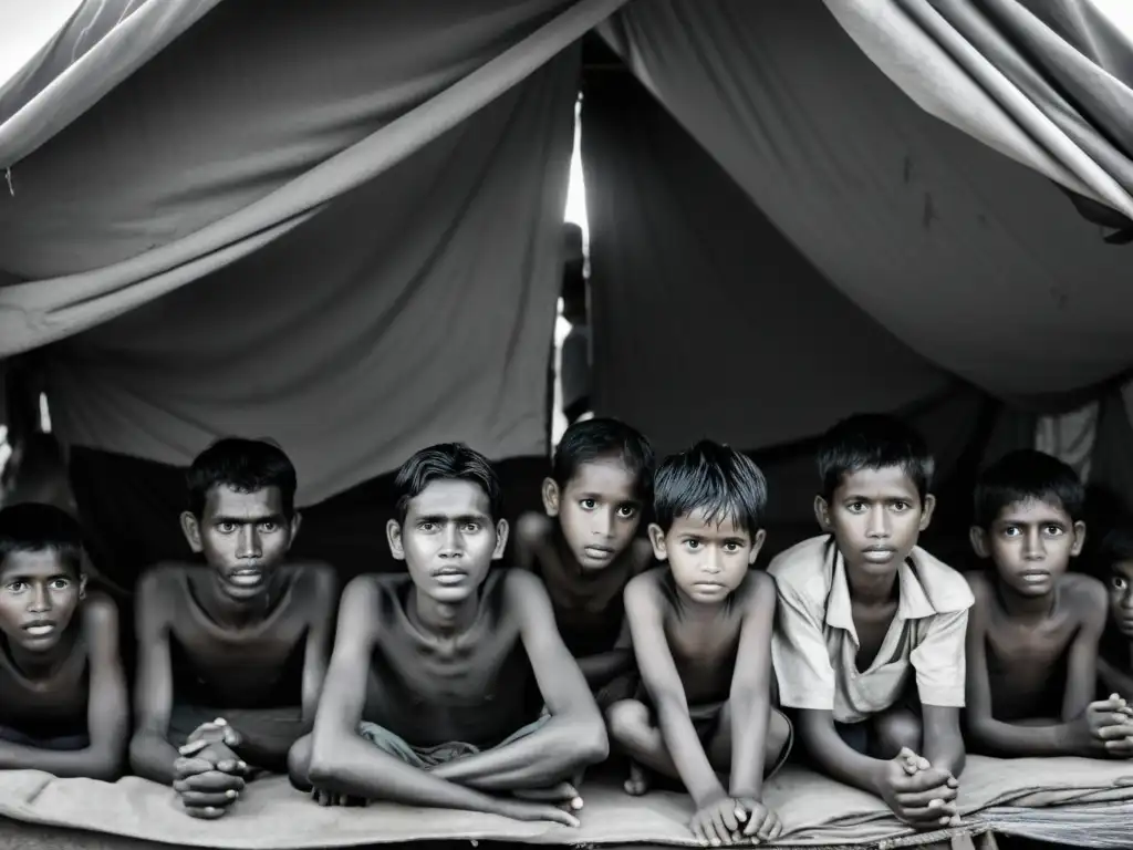 Imagen impactante de refugiados rohingya en un refugio improvisado, reflejando el genocidio y desplazamiento en Myanmar