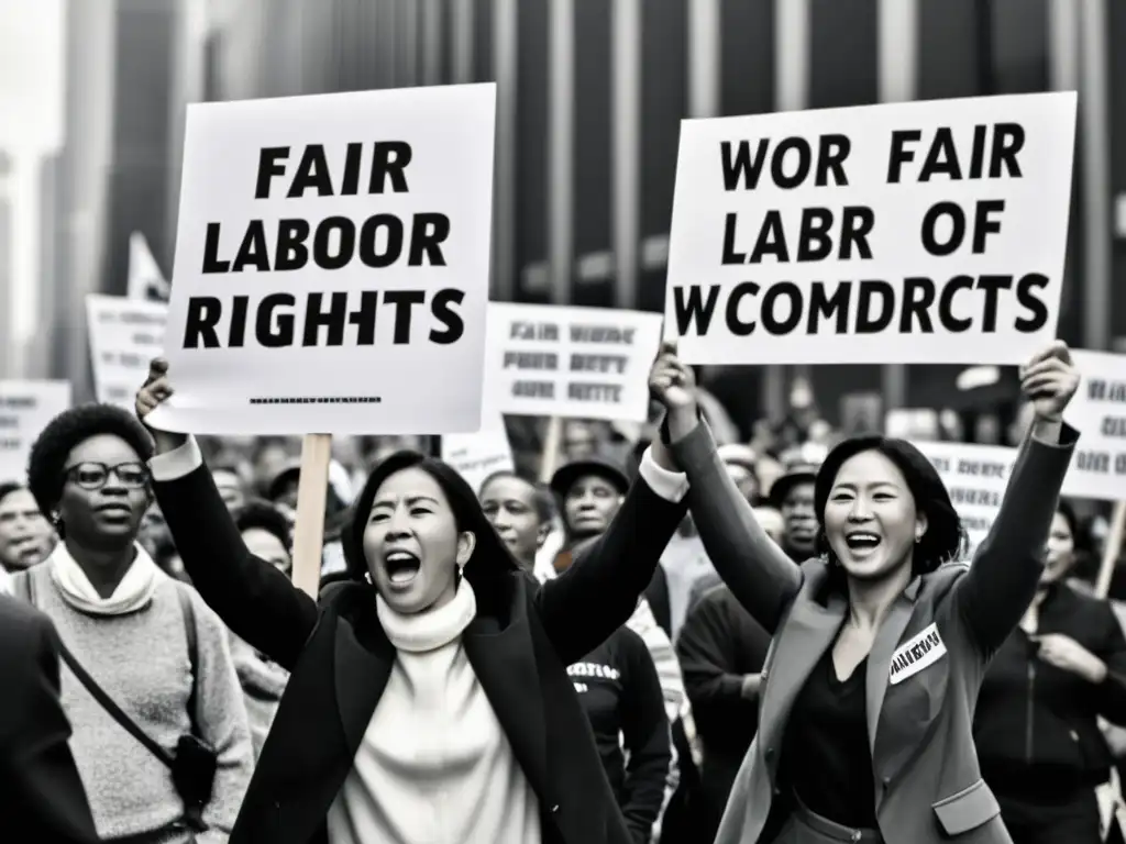 Imagen impactante de trabajadores unidos en una marcha por la lucha por los derechos laborales globales, con expresiones de esperanza y determinación