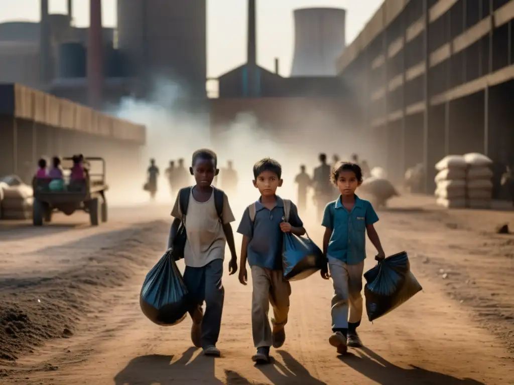 Imagen impactante del trabajo infantil: niños agotados cargando pesadas bolsas en un entorno industrial polvoriento