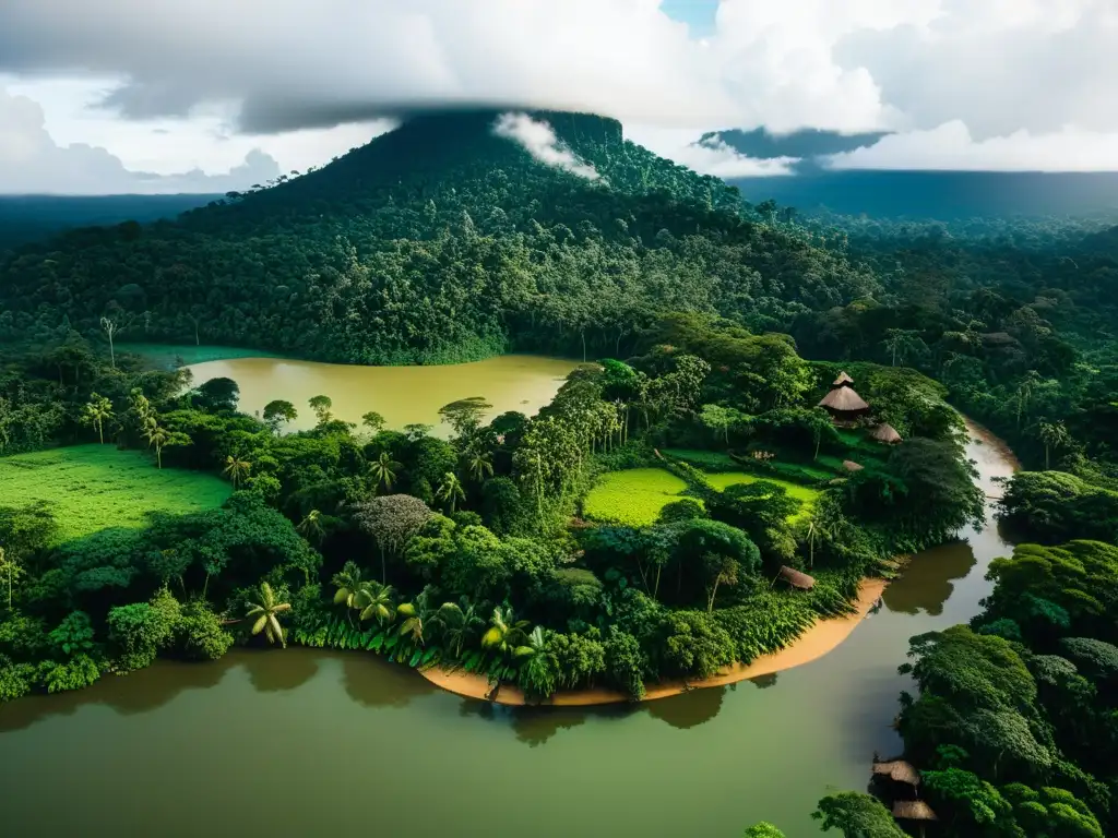 Comunidad indígena amazónica: tradiciones y naturaleza Imagen de impacto del cambio climático en los derechos indígenas en la Amazonía, mostrando la vida tradicional y la conexión con la naturaleza