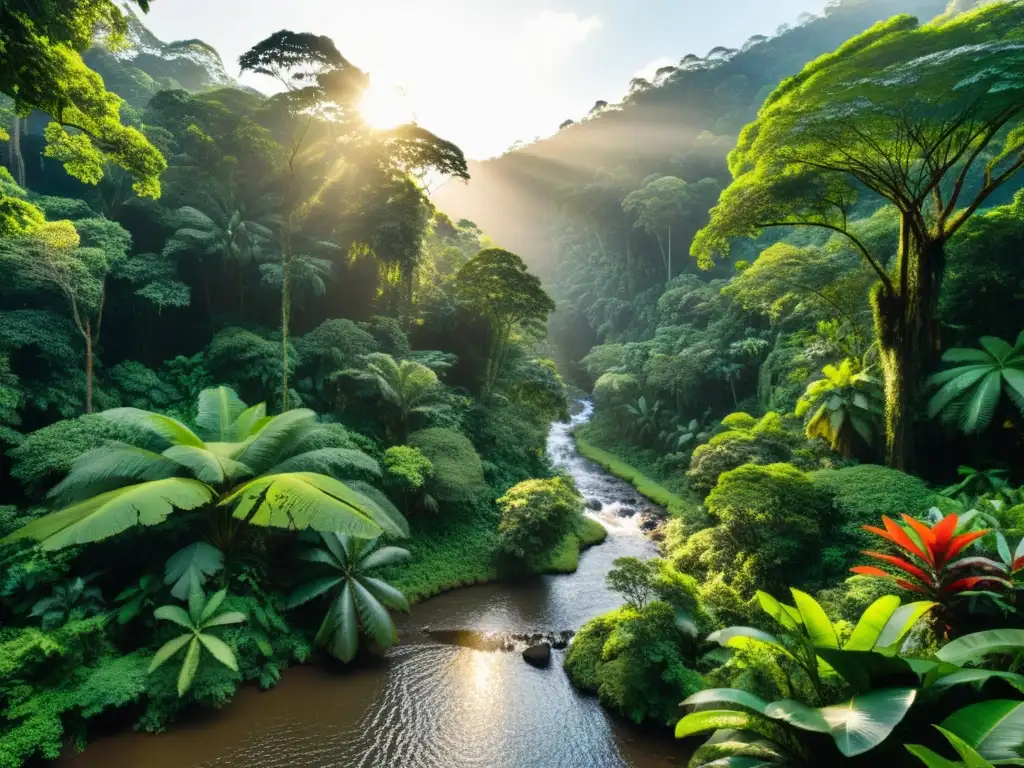 Imagen de impacto de recursos naturales y derechos humanos en un exuberante bosque tropical con una diversidad de vida y cultura indígena