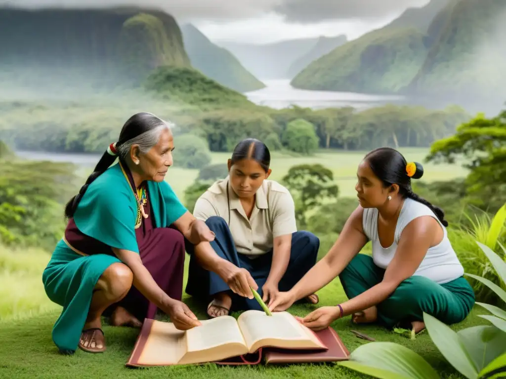 Imagen de indígenas preservando idiomas en extinción con sabiduría ancestral en un paisaje biodiverso