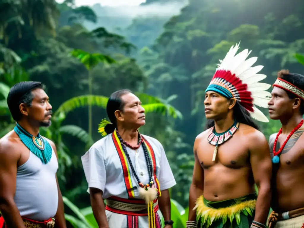 Resolución indígena en la Amazonía Imagen de líderes indígenas en la Amazonia, unidos en la defensa de la Amazonia y derechos humanos, mostrando determinación y unidad