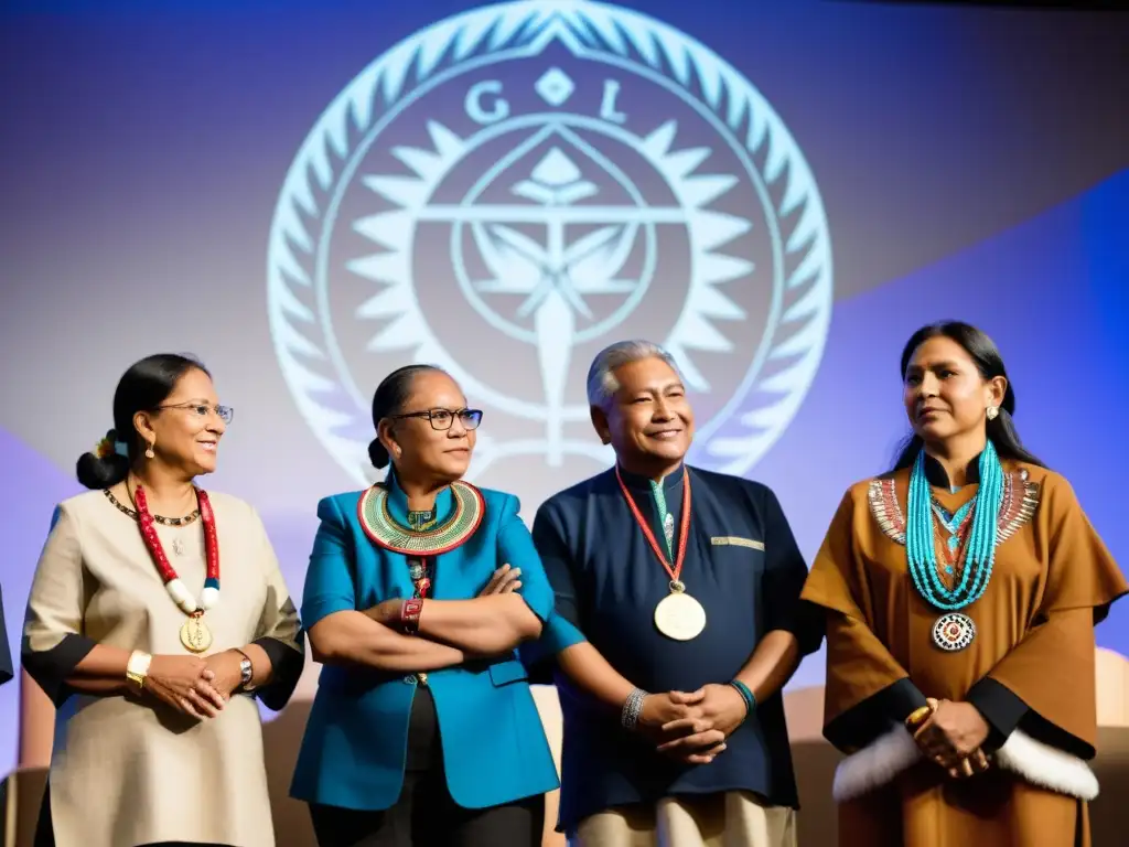 Imagen de líderes indígenas mundiales reunidos en conferencia, mostrando unidad, diversidad cultural y relevancia global movimientos indígenas