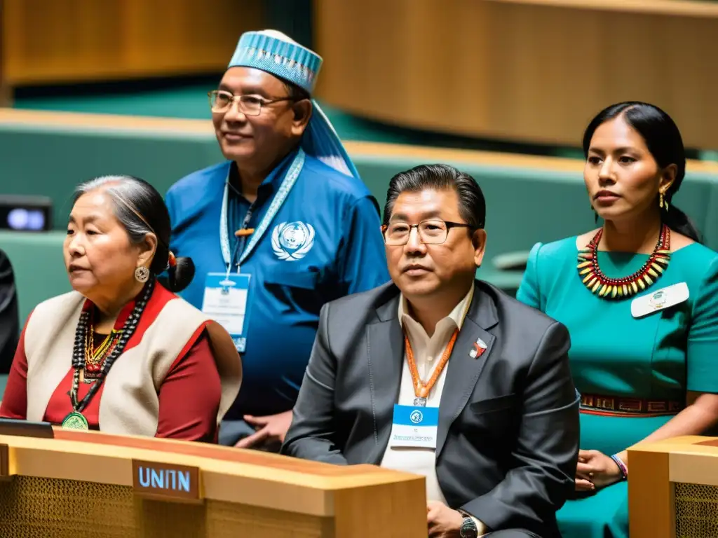 Imagen de líderes indígenas de todo el mundo reunidos en la Asamblea de la ONU, expresando unidad, diversidad cultural y empoderamiento