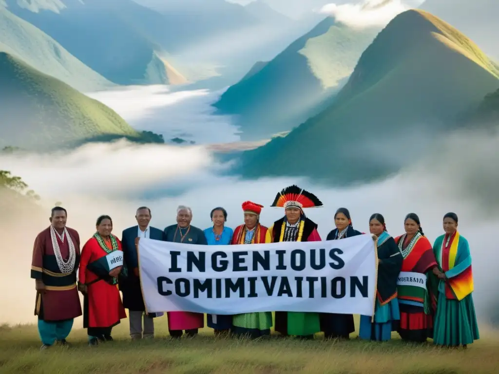 Imagen de líderes indígenas en protesta pacífica por derechos territoriales, con trajes tradicionales coloridos, en la majestuosa montaña