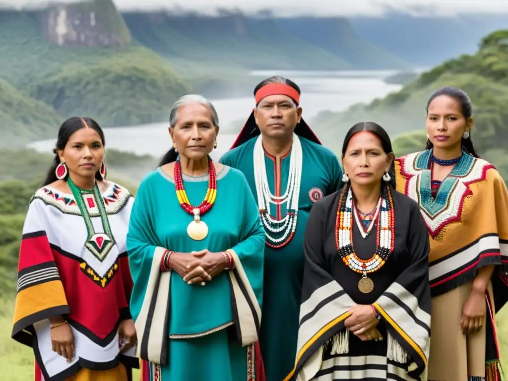 Imagen de líderes indígenas unidos, con determinación y resiliencia, simbolizando la lucha por los derechos humanos