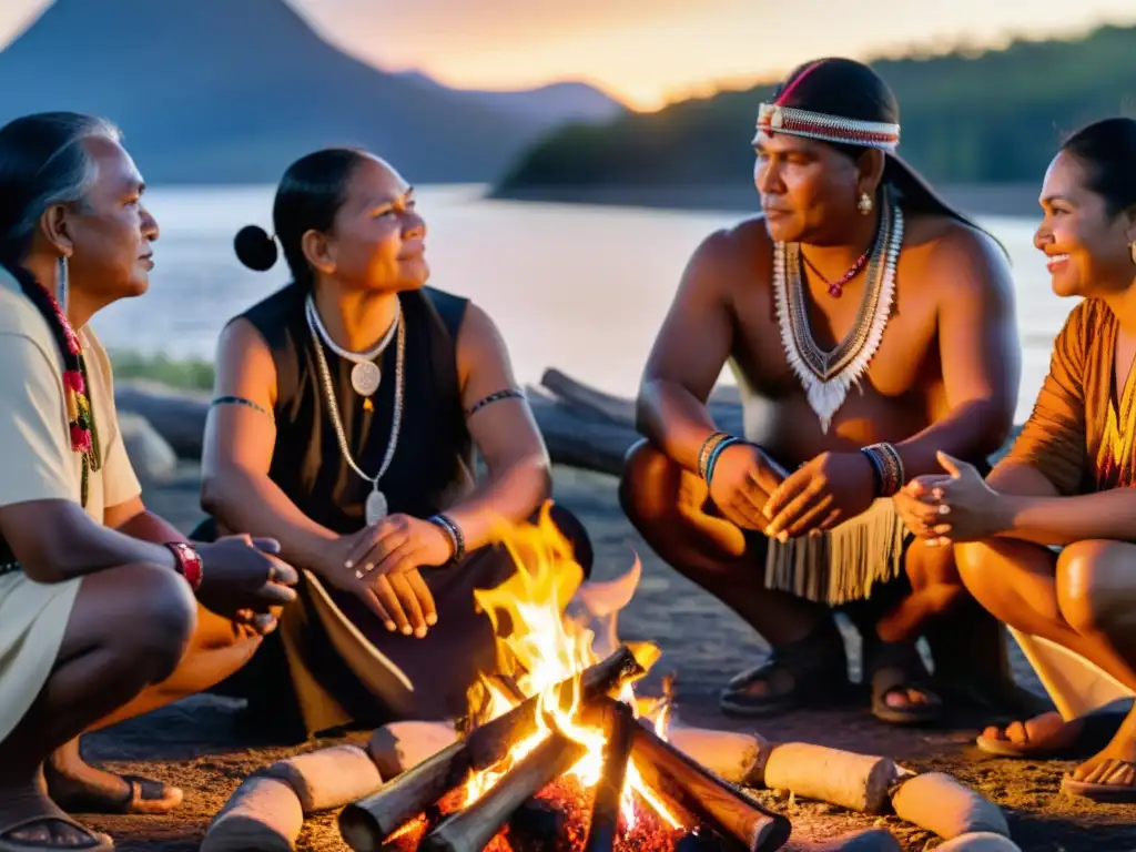 Una imagen de líderes y miembros de la comunidad indígena reunidos alrededor de una fogata, en una ceremonia tradicional al atardecer