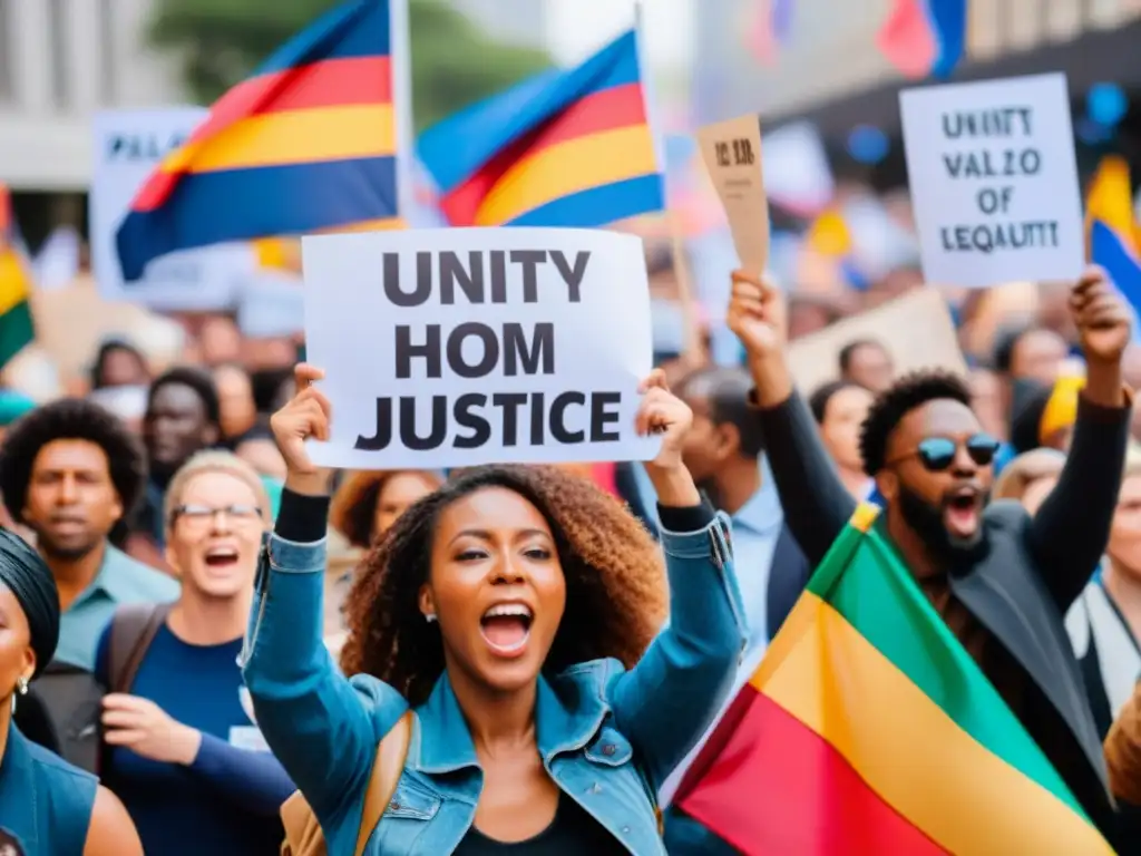 Imagen de una manifestación por la protección de los derechos humanos internacionales, con expresiones de pasión y unidad entre los manifestantes