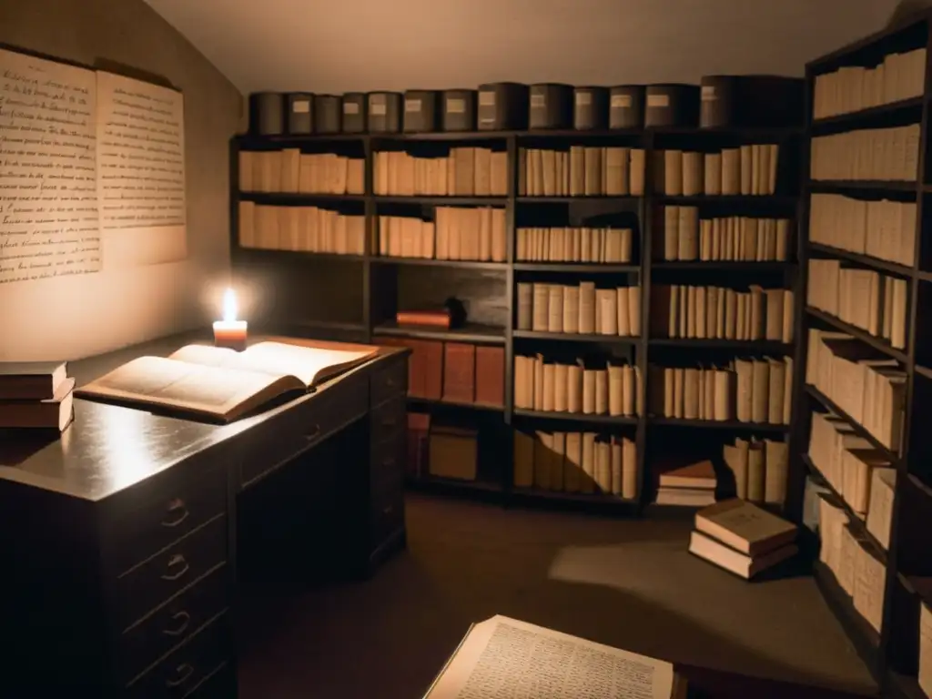 Imagen de una misteriosa habitación subterránea llena de manuscritos y libros, iluminada por una vela