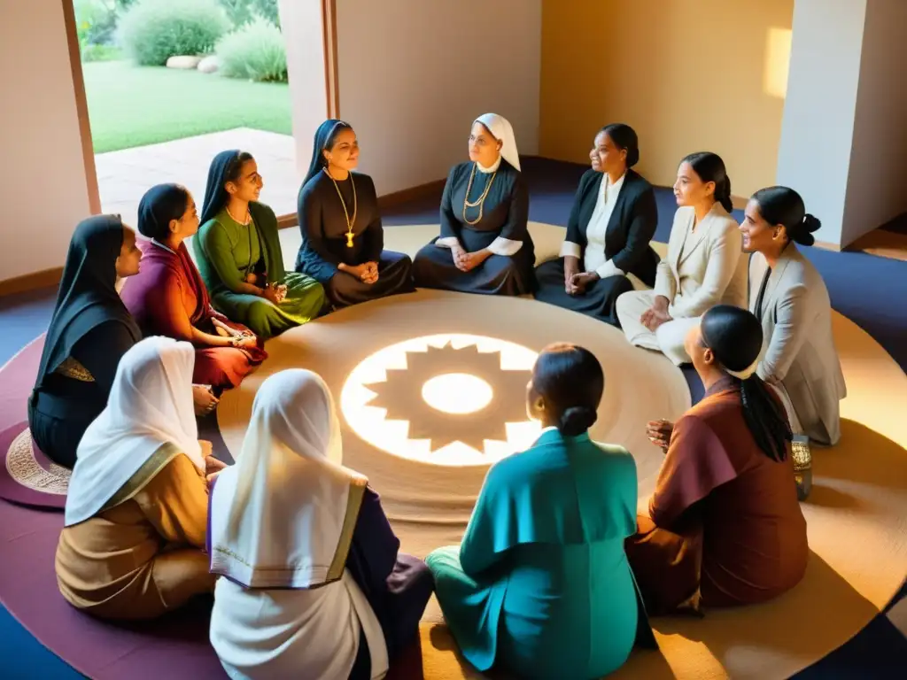 Imagen de mujeres de diferentes religiones dialogando en armonía y solidaridad, representando la diversidad religiosa y los derechos de la mujer