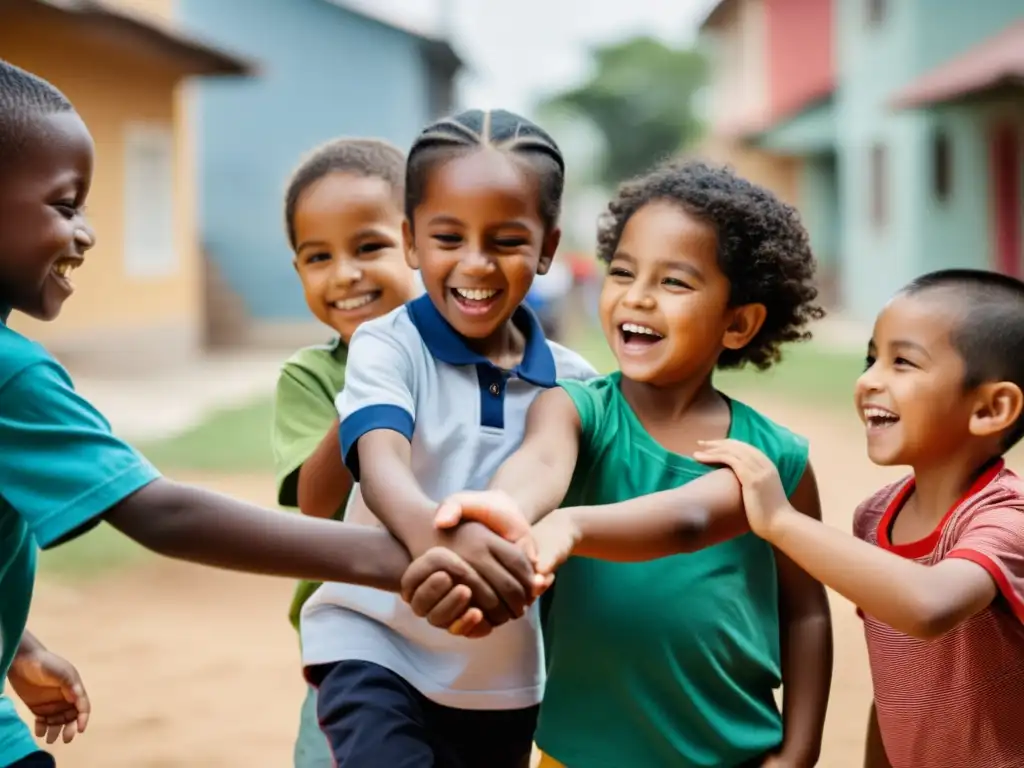 Imagen de niños de diferentes culturas jugando y unidos en comunidad