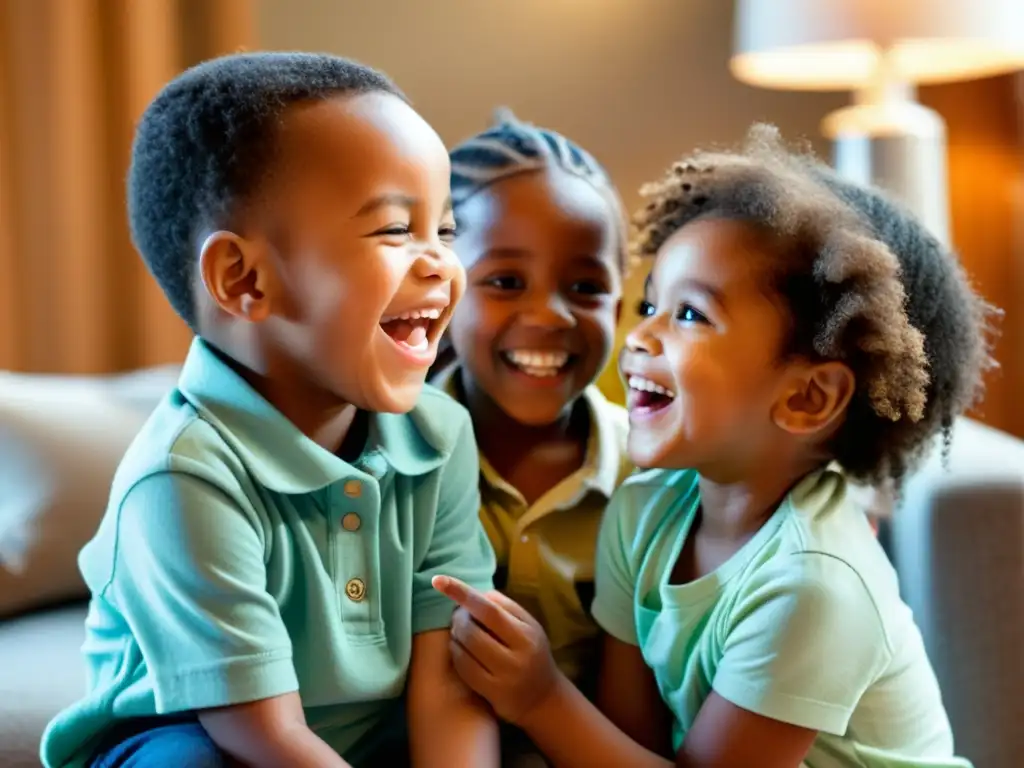 Imagen de niños felices jugando juntos en un ambiente familiar seguro y amoroso, transmitiendo la importancia de los derechos humanos niños familia segura