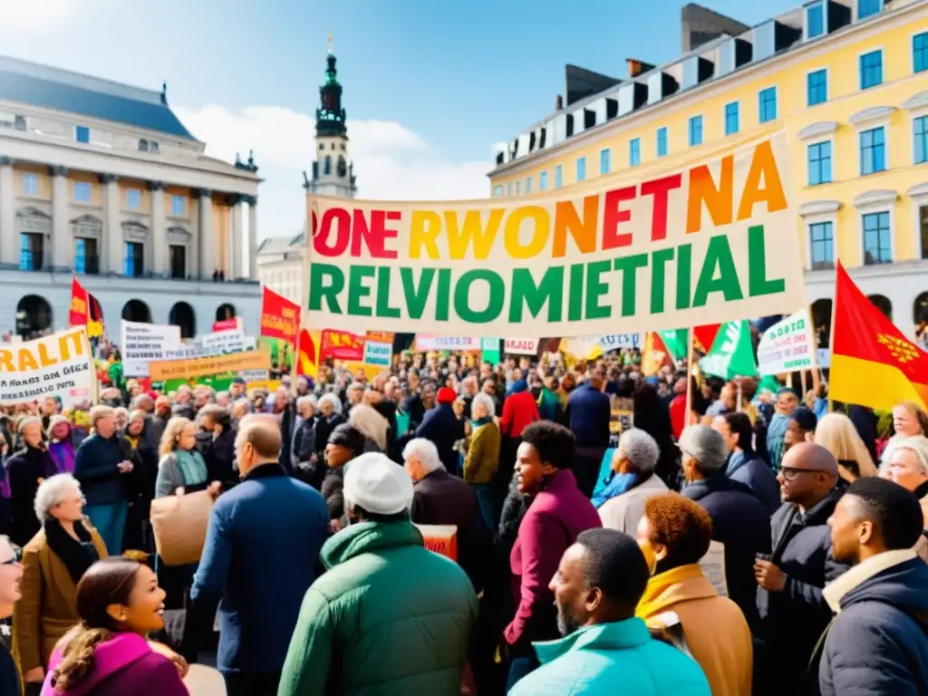 Imagen panorámica de una vibrante manifestación pública en la ciudad, con carteles por el Acceso a la justicia ambiental y diversidad de manifestantes