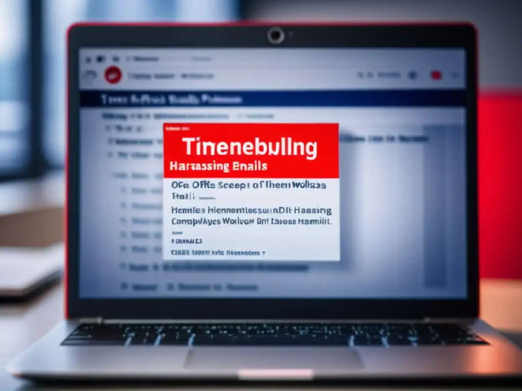 Una imagen de pantalla de computadora muestra correos amenazantes resaltados en rojo, con un fondo de oficina borroso