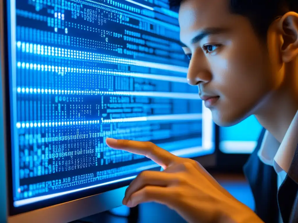La imagen muestra a una persona programando código complejo en una computadora, reflejando intensa concentración y contemplación