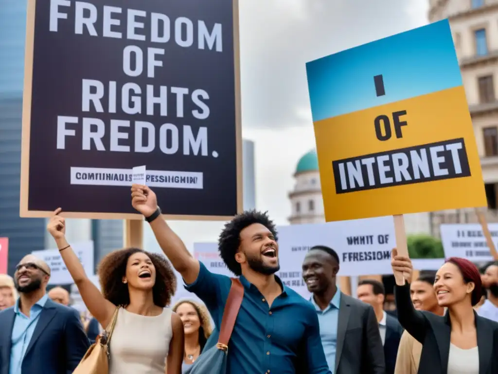 Una imagen de personas de todo el mundo en una plaza de la ciudad, sosteniendo carteles por la libertad de expresión en Internet