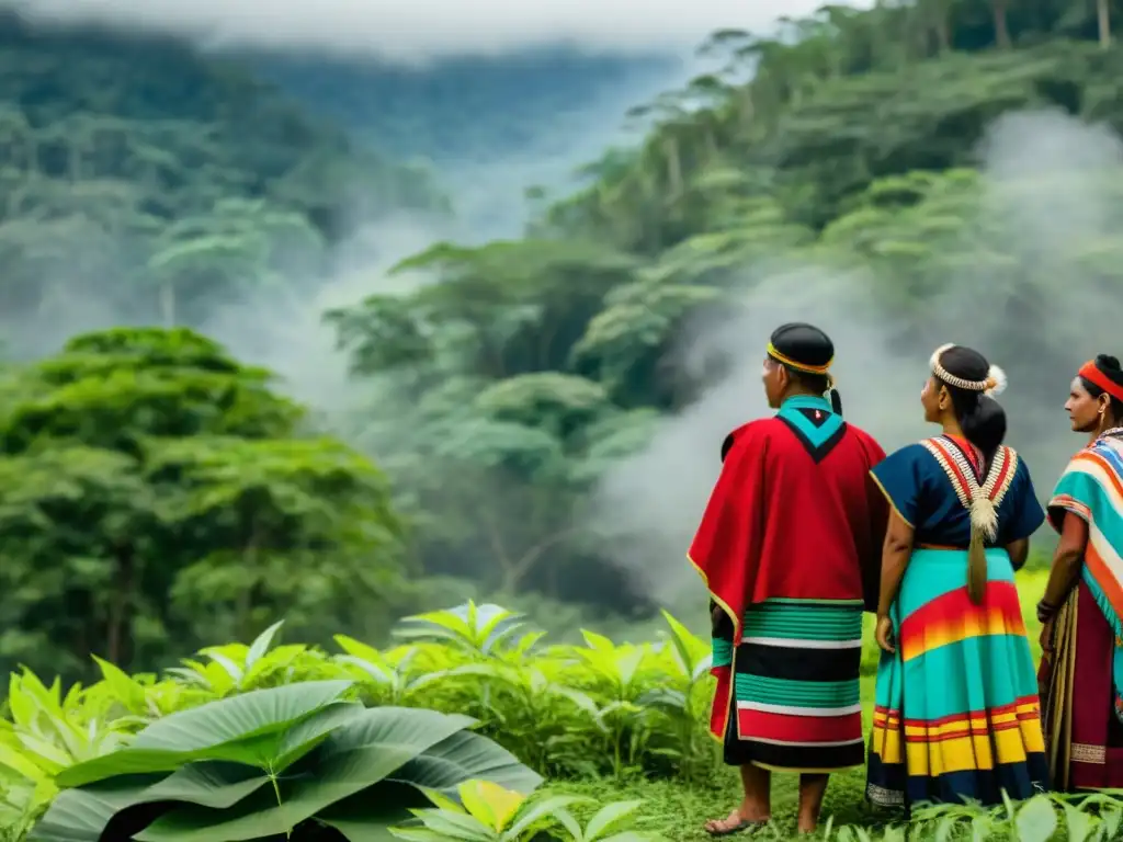 Ritual ancestral en la selva: conexión y resiliencia Imagen de perspectivas indígenas cambio climático: grupo en bosque exuberante, ceremonia, vestimenta tradicional y conexión con la naturaleza