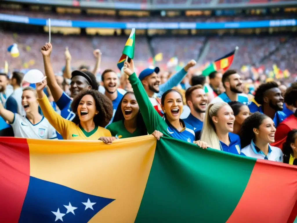 Una imagen poderosa de aficionados diversos ondeando banderas y animando en un estadio de la Copa del Mundo, representando la inclusión y diversidad en derechos humanos