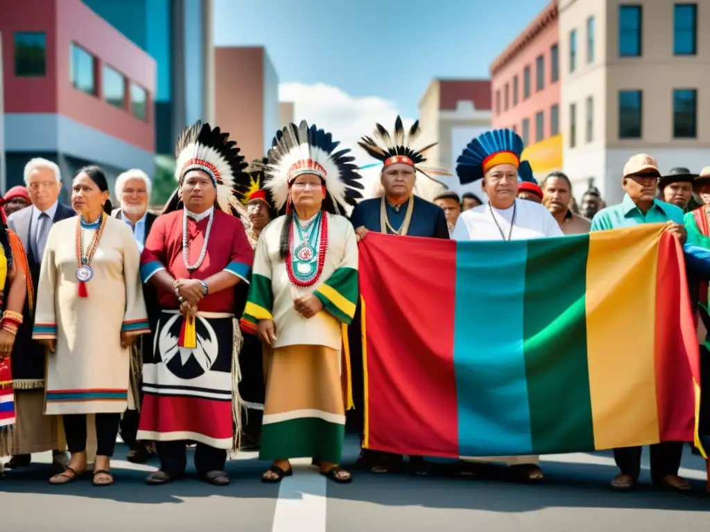 Imagen poderosa de líderes indígenas unidos en protesta por el reconocimiento de derechos humanos pueblos indígenas reconocimiento