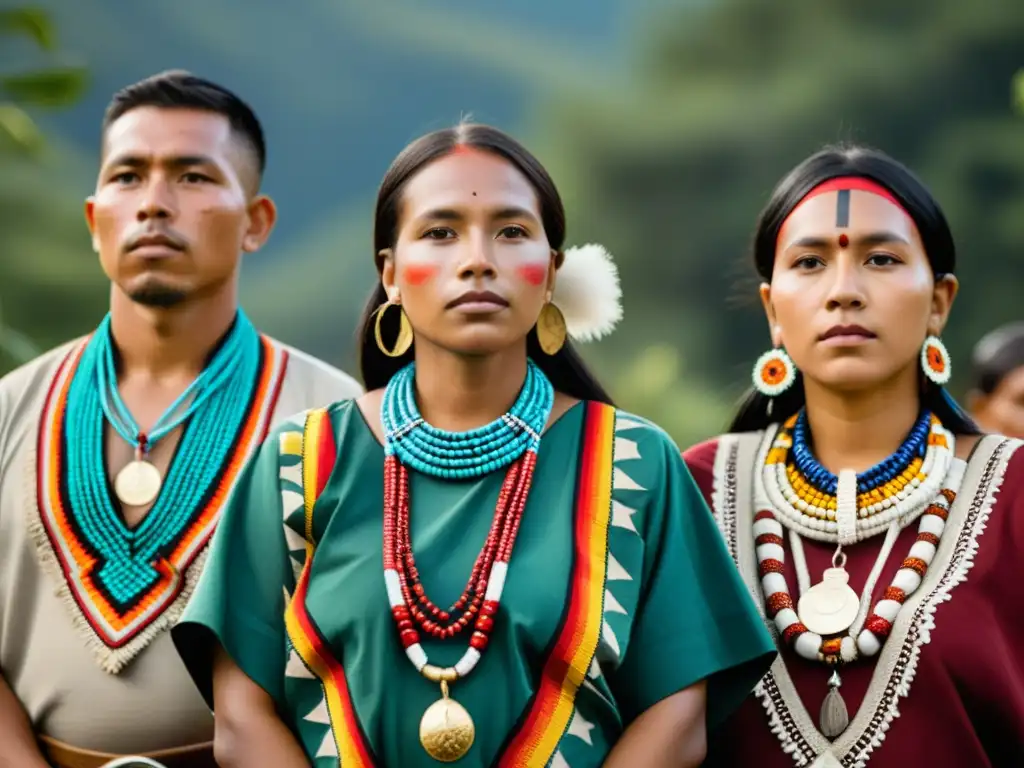 Imagen de protesta pacífica de pueblos indígenas con trajes tradicionales y coloridos textiles, destacando la resistencia y orgullo cultural