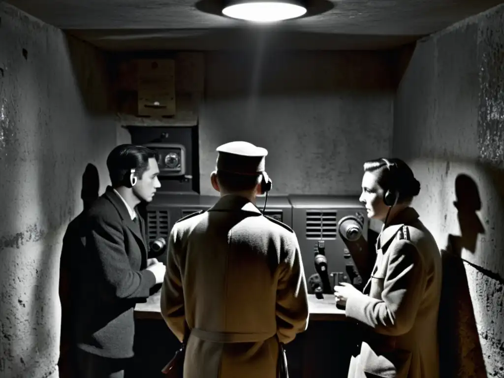 Imagen de radios clandestinas Segunda Guerra Mundial en un bunker secreto con combatientes de la resistencia escuchando atentamente transmisiones
