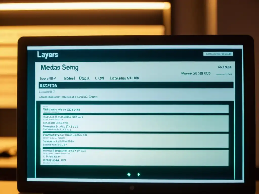 Una imagen de alta resolución de una pantalla de computadora que muestra capas de metadatos adjuntos a una imagen digital, en una habitación tenue