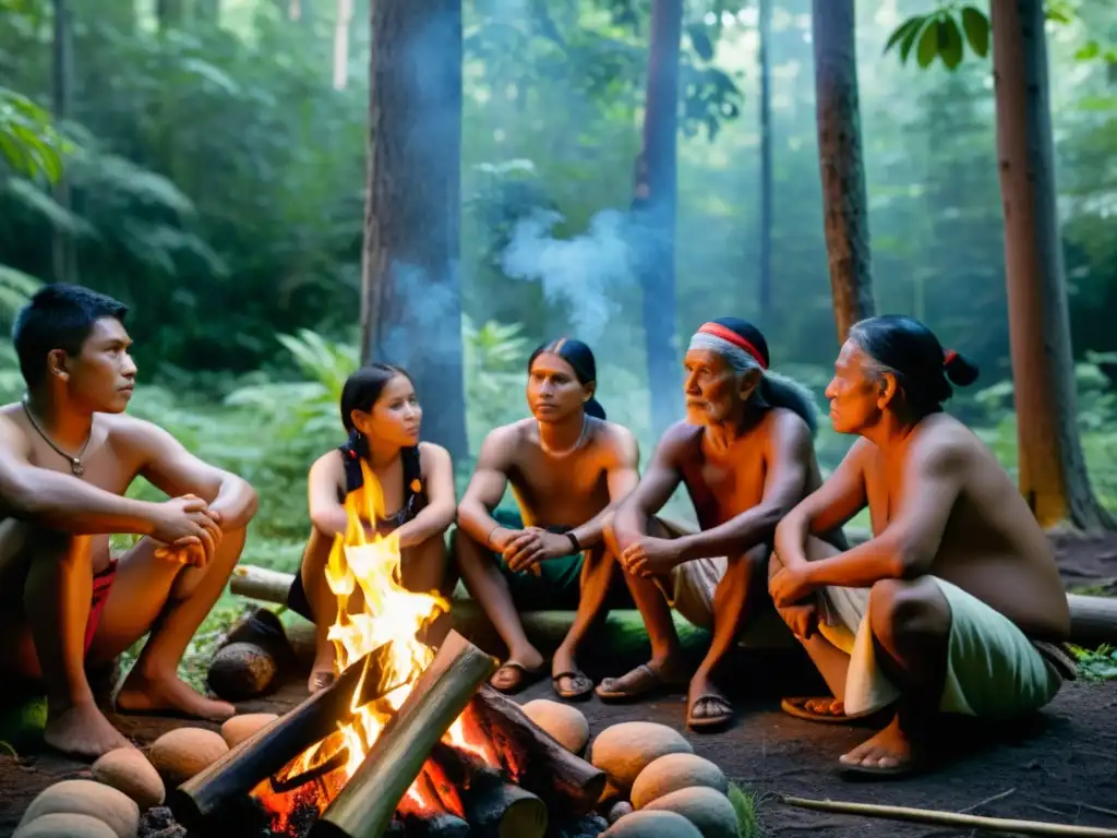 Imagen de una reunión alrededor del fuego de un grupo de pueblos indígenas en la selva, mostrando la relación histórica pueblos indígenas tierras