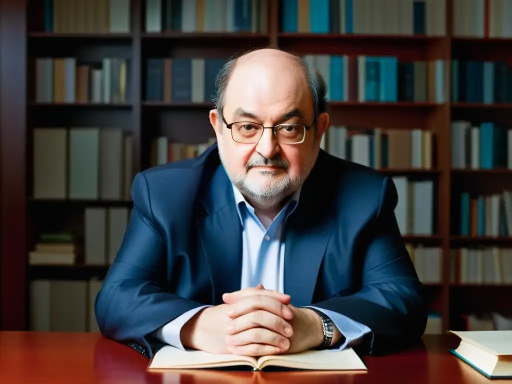 'Imagen de Salman Rushdie, con mirada intensa y abrumado por la fatwa, simbolizando la lucha por los derechos humanos y la libertad de expresión