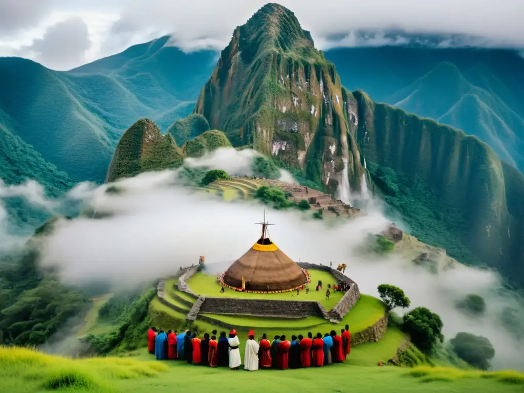 Imagen de montaña sagrada cubierta de neblina, con ruinas antiguas y ceremonia indígena, reflejando la protección de sitios culturales sagrados