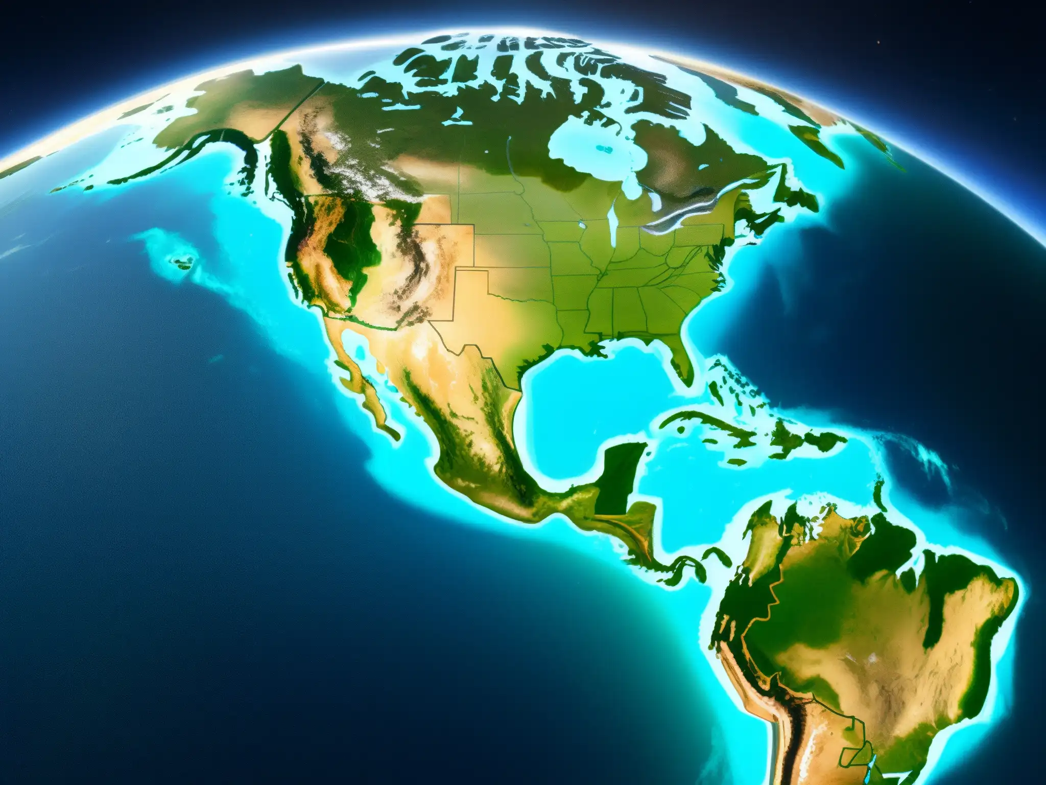 Imagen satelital de alta resolución de la Tierra, destacando la interconexión de los ecosistemas globales y el impacto del Protocolo de Cartagena en los derechos humanos y el medio ambiente