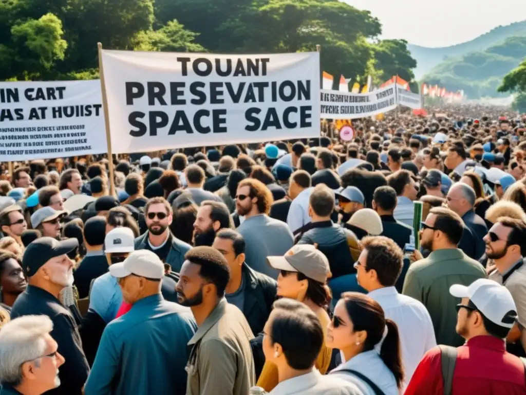 Imagen de un sitio turístico con activistas protestando por el Impacto del turismo en espacios sagrados, en contraste con la actividad turística