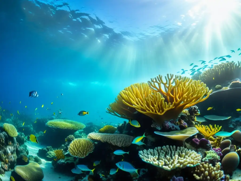 Imagen de un vibrante arrecife de coral repleto de vida marina, destacando peces coloridos, formaciones de coral e plantas marinas