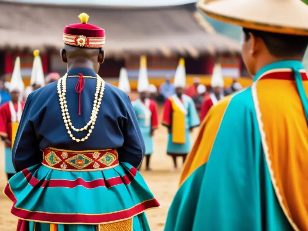 Imagen de una vibrante ceremonia cultural al aire libre, con participantes vistiendo coloridos atuendos tradicionales
