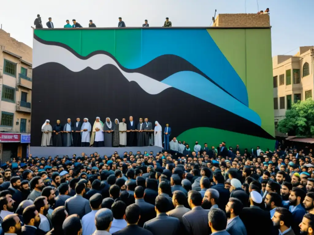 Una impactante fotografía en blanco y negro de una bulliciosa calle en Irán, con un mural que representa la resistencia contra la censura y la lucha por los derechos humanos en medio de la agitación de la ciudad