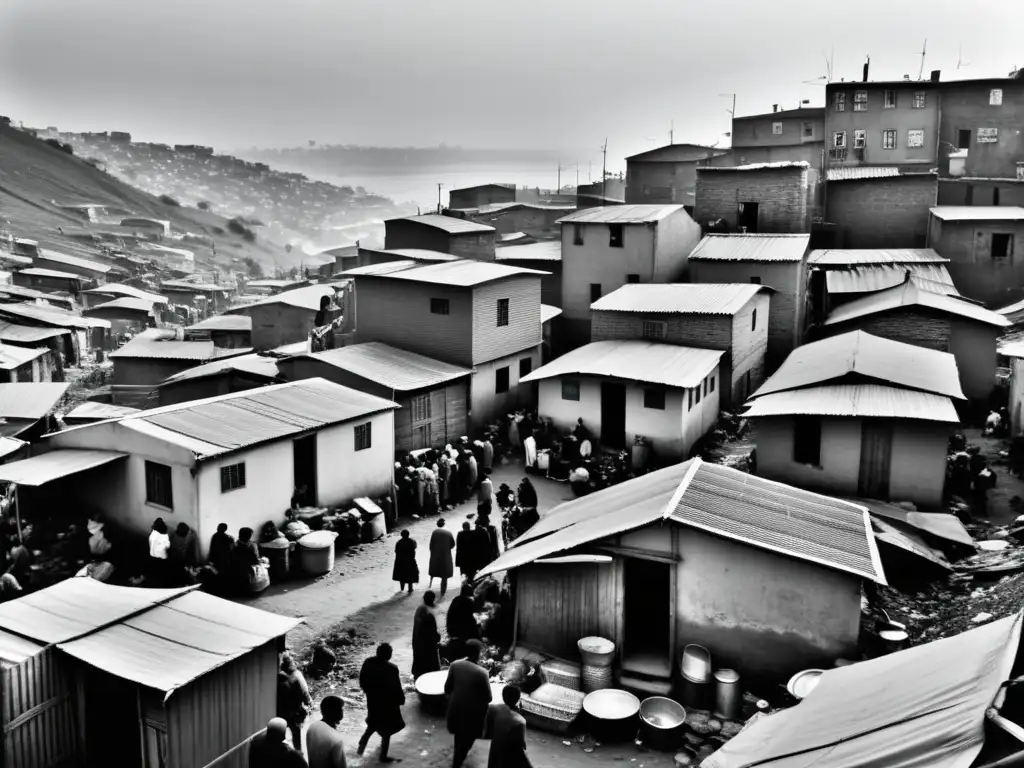 Una impactante fotografía en blanco y negro de un bullicioso barrio urbano deprimido, donde las personas viven en condiciones de extrema pobreza