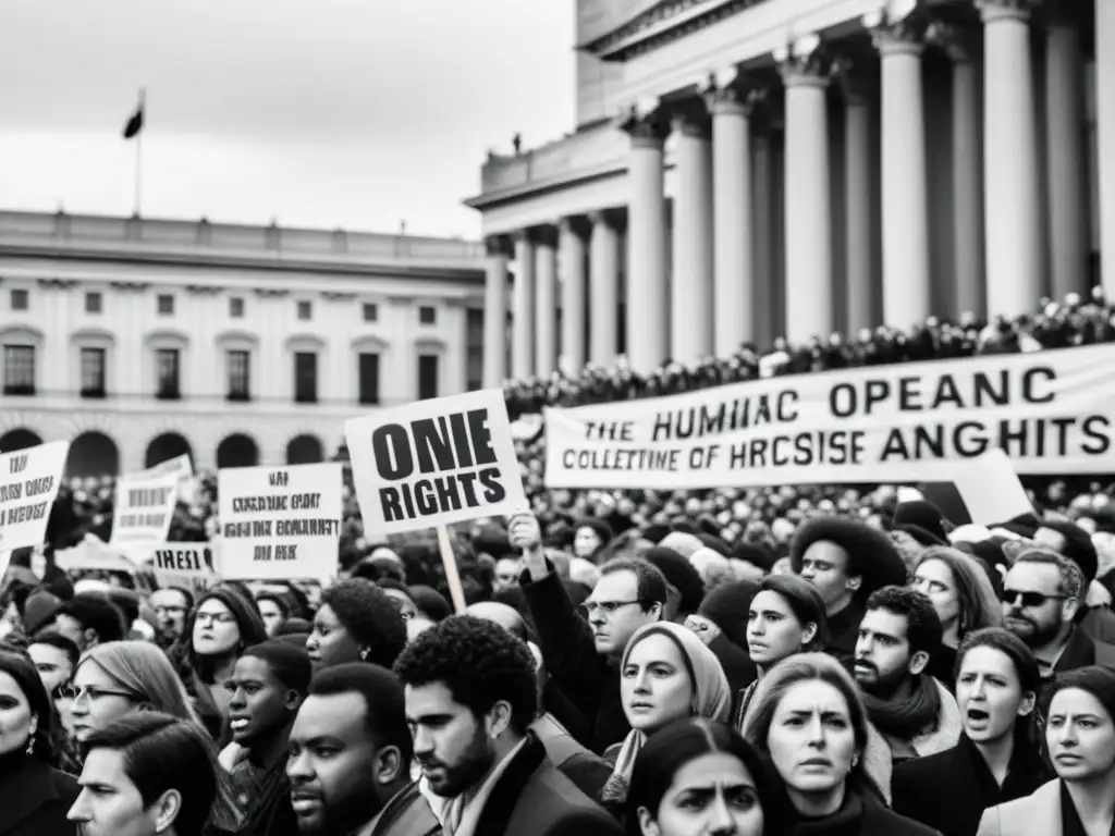 Una impactante fotografía en blanco y negro de una calle abarrotada, donde la gente sostiene pancartas de protesta frente a edificios gubernamentales