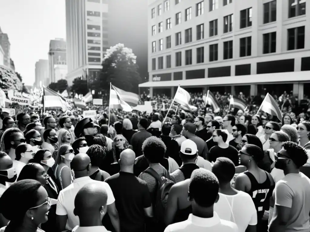 Una impactante fotografía en blanco y negro de una marcha del orgullo, mostrando diversidad y lucha por la igualdad y la justicia