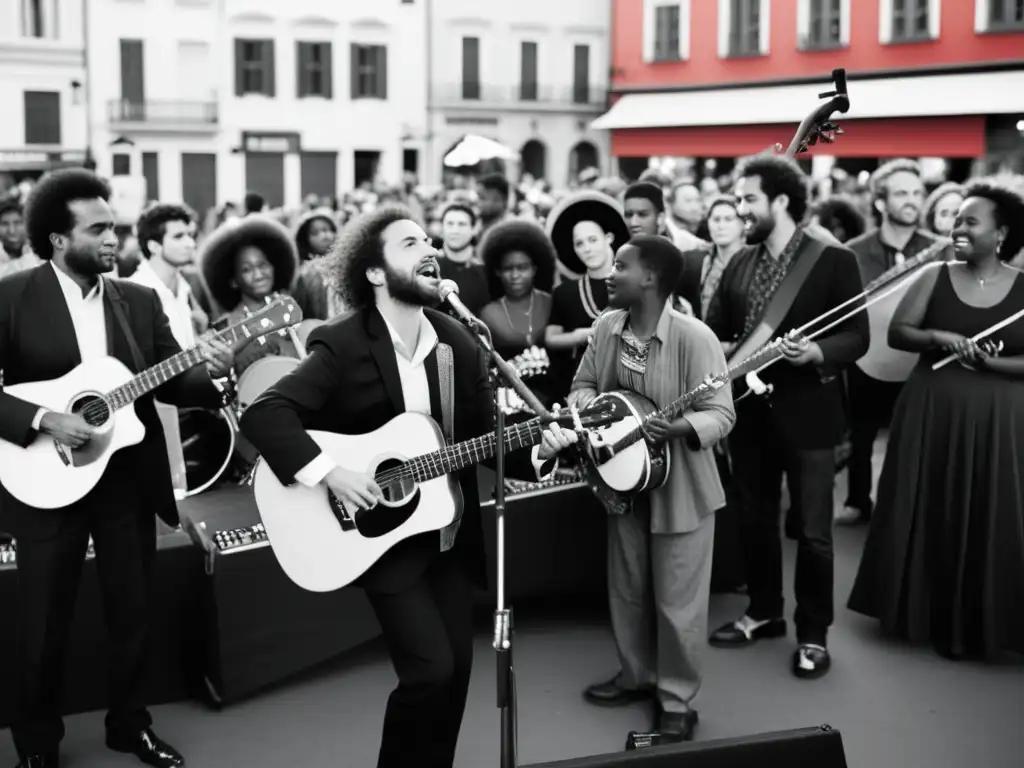 Una impactante fotografía en blanco y negro de músicos tocando en una plaza, mientras la música como expresión de derechos humanos une a la multitud