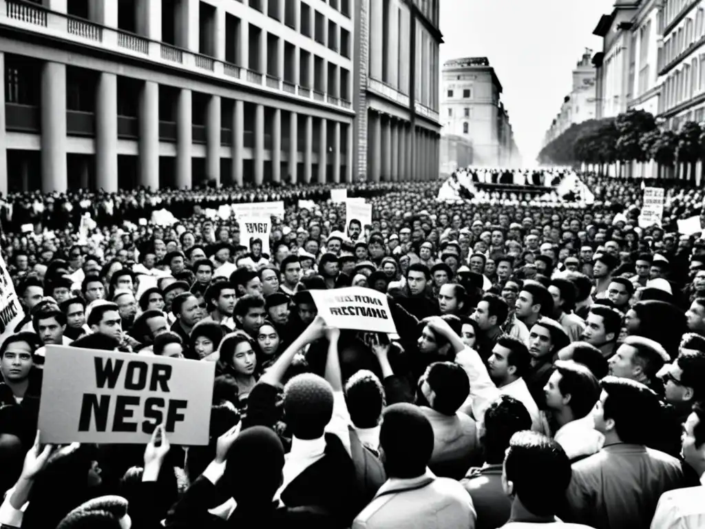 Una impactante fotografía en blanco y negro de un tumultuoso escenario urbano bajo dictadura