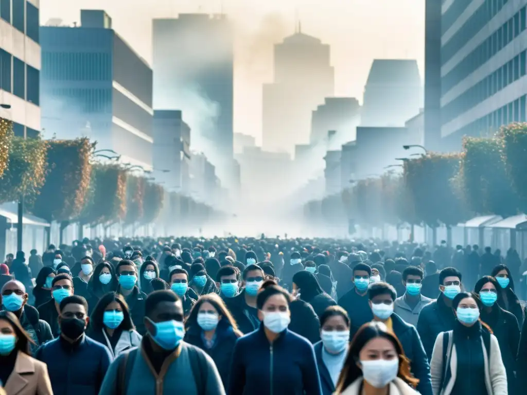 Una impactante fotografía de una calle urbana llena de smog, donde las personas usan mascarillas mientras luchan por ver a través de la contaminación