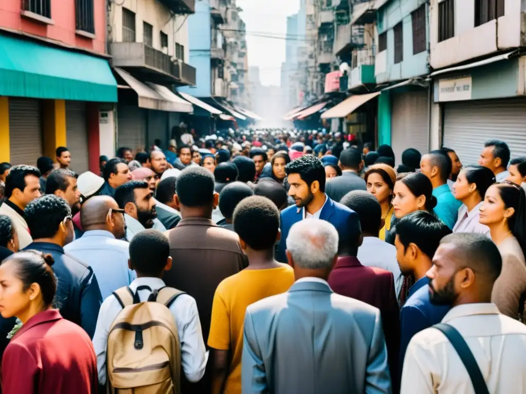 Una impactante fotografía documental de una concurrida calle urbana, muestra la compleja realidad de los derechos humanos globales incumplidos