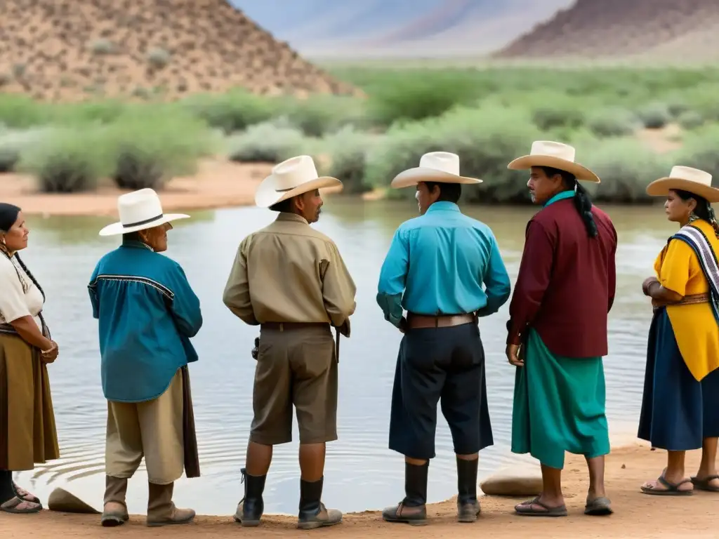 Una impactante fotografía documental de miembros de la comunidad Yaqui reunidos alrededor de una fuente de agua, reflejando determinación y solidaridad en el conflicto legal por el agua